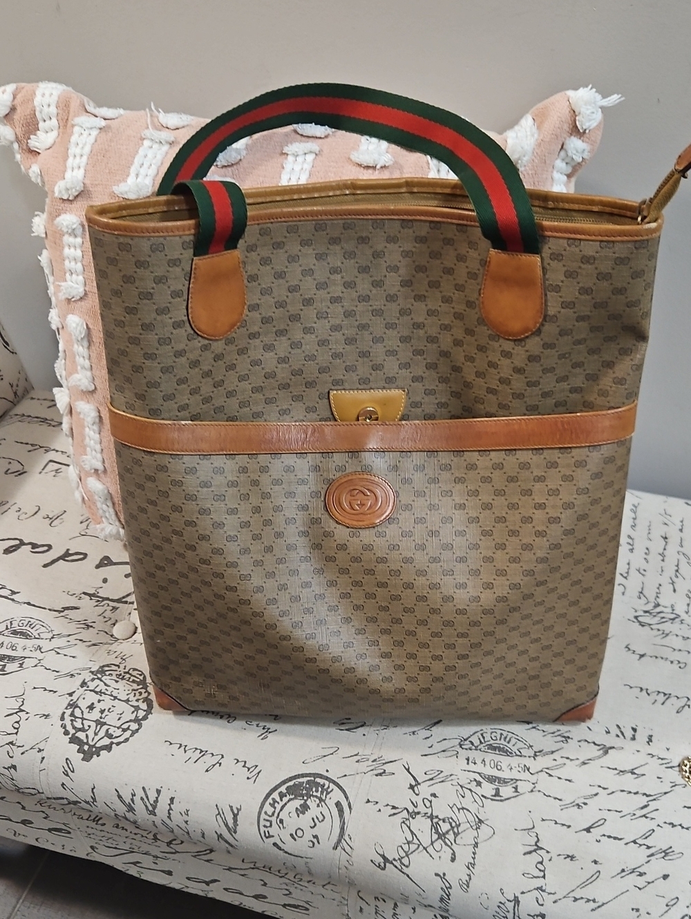 Classic GUCCI Vintage  Brown Monogram Tote Bag with Green-Red Web Handles.